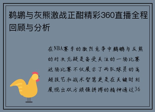 鹈鹕与灰熊激战正酣精彩360直播全程回顾与分析